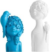 BaykaDecor - Uniek Standbeeld Bloemen Meisje met Vogel - Moderne Kunst Woondecoratie - Slaapkamer Decor - Cadeau - Blauw - 27 cm
