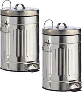2x stuks vuilnisbakken/pedaalemmers zilver 7 liter 34 cm kunststof - Afvalemmers - Prullenbakken