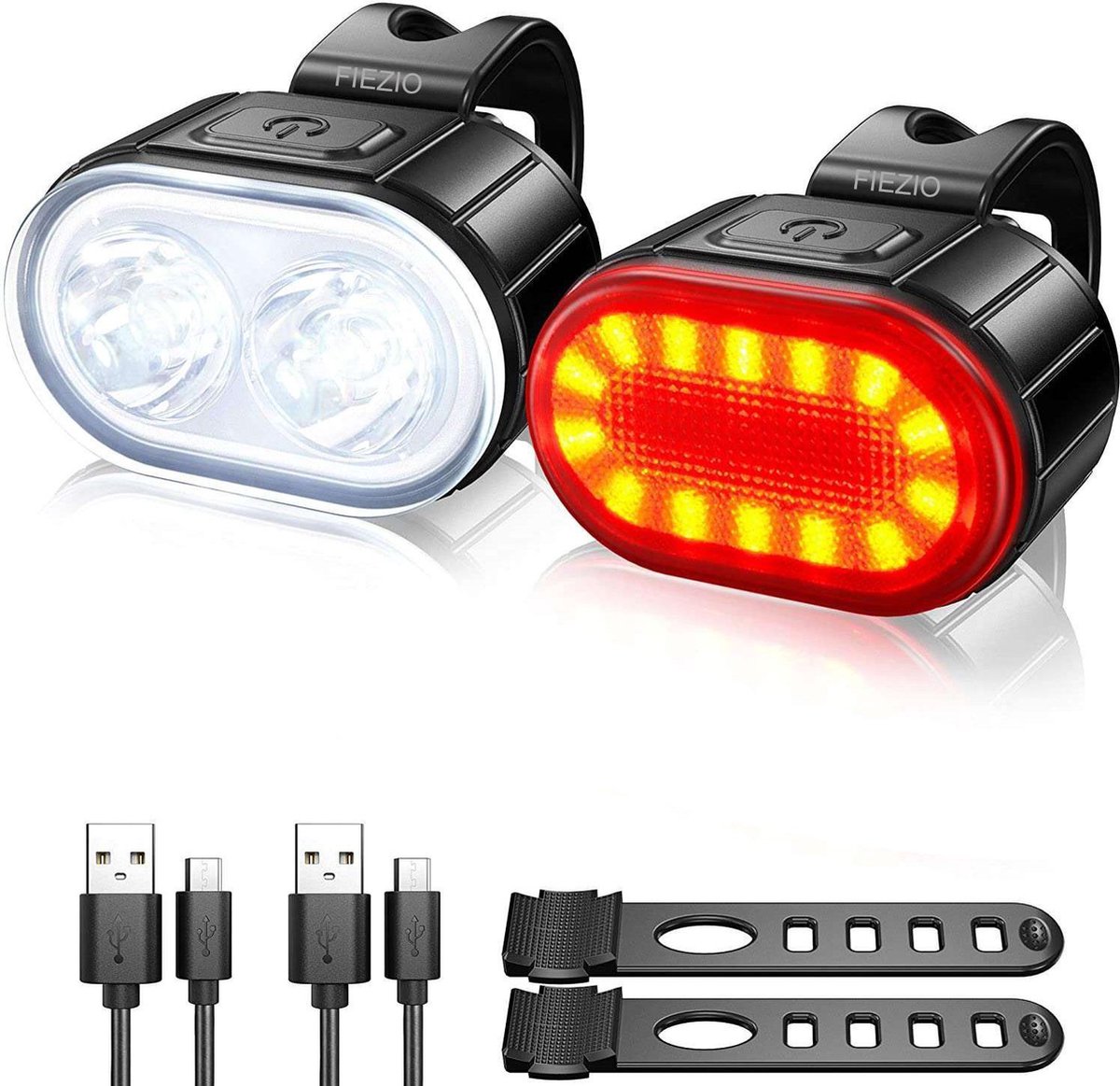 FIEZIO Fietsverlichting Set Ovaal Oplaadbare USB Led Fietslamp Voor en Achter - Waterdicht - 4 Lichtstanden - Zwart