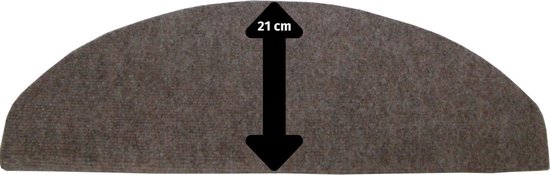 Beige halvemaanvormige trapmat met pijl die 21 cm aangeeft.