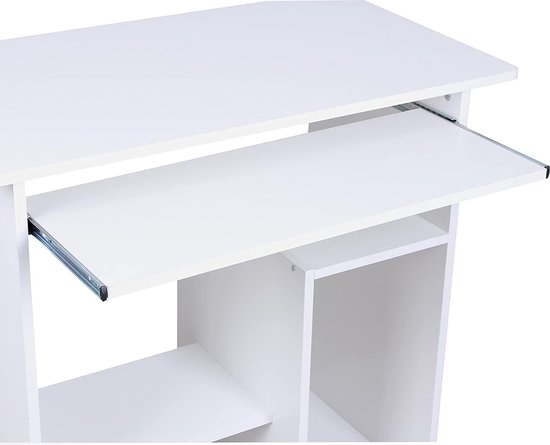 Witte Houten Computer Bureau - Compact PC Meubel met Open Vakken en Plank voor Klavier - Wit - Acaza