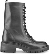 PS Poelman Dames - KLARA Leren Hoge Veter Laarzen met Stitching Stoere Blokhak met Zilveren Details - Zwart - Maat 41