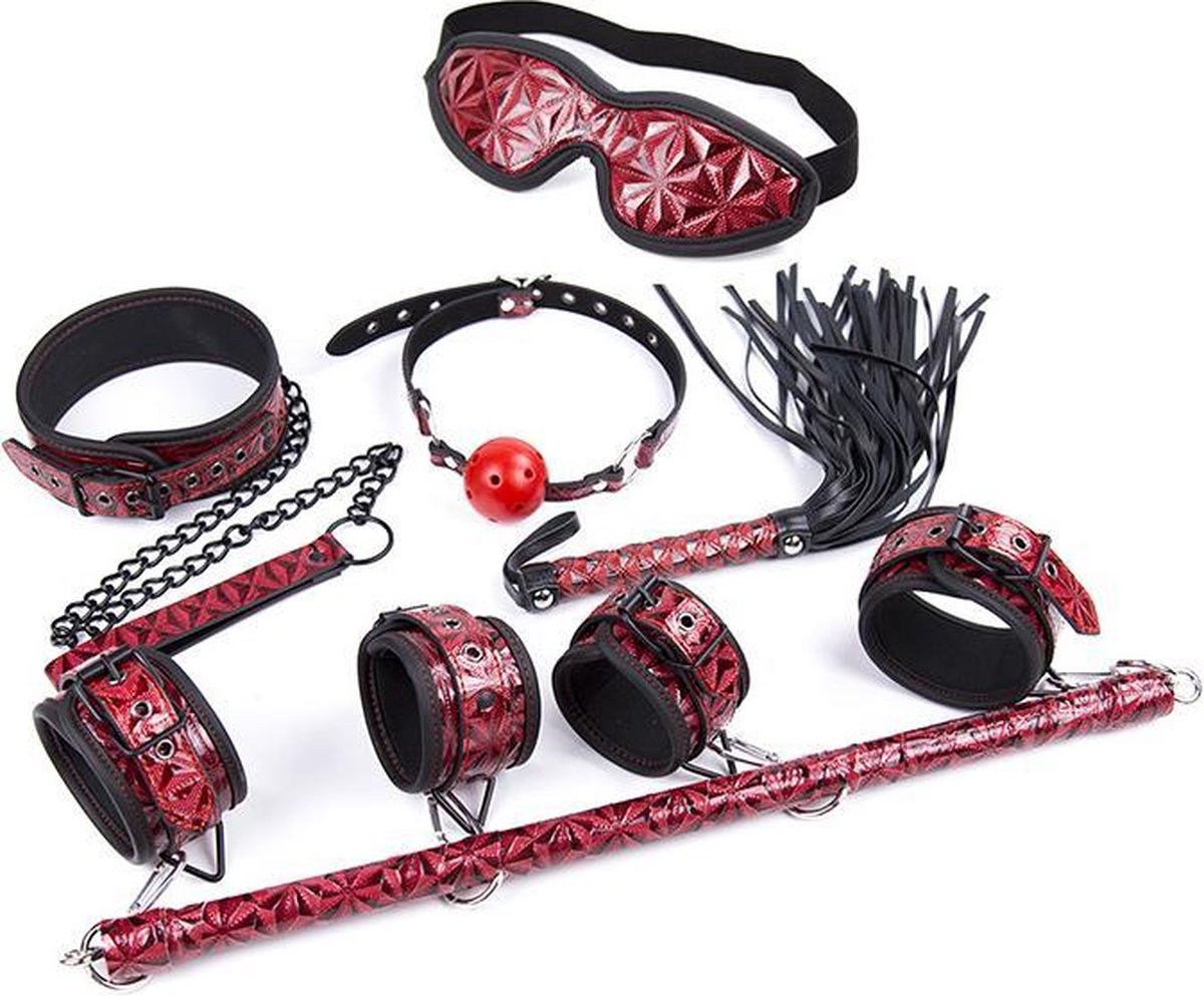 Goedkoopste BDSM-set met Spreidstang Blinddoek Zweepje Halsband Lei Gag - Hoge Kwaliteit Leer - 10-delig - Bordeaux Rood