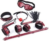 BDSM-set met Spreidstang Blinddoek Zweepje Halsband Lei Gag - Hoge Kwaliteit Leer - 10-delig - Bordeaux Rood