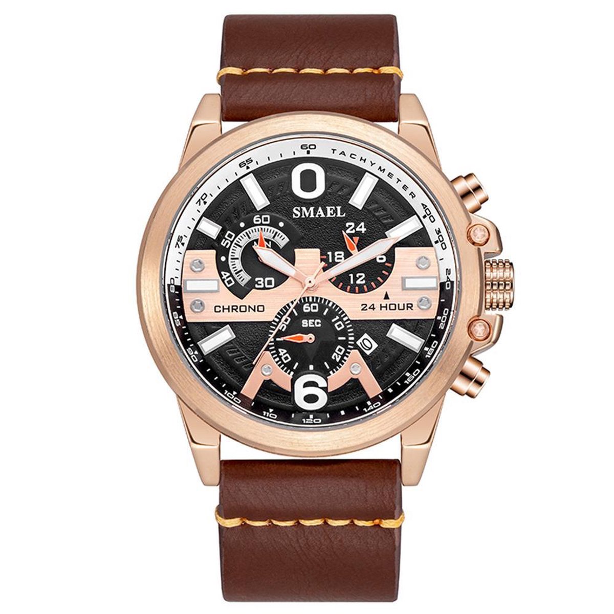 Chronograaf Heren Horloge (47mm diameter) Rosé stalen kast met Bruin Leder band | Rode details | Casual-style | SMAEL 9010A55 | Waterdicht |Analoog |Stopwatch | Mud | Shock bestendig| Leger | Leer | Lerenband | Timer | Master