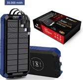 Tensfact® Solar Powerbank 30000 mAh Wireless Charger - met USB C Micro USB en Lightning - Blauw