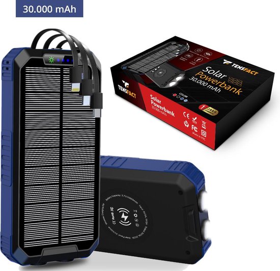 Solar Powerbank 30000 mAh Wireless Charger - met USB C Micro USB en Lightning - Blauw - Tensfact®