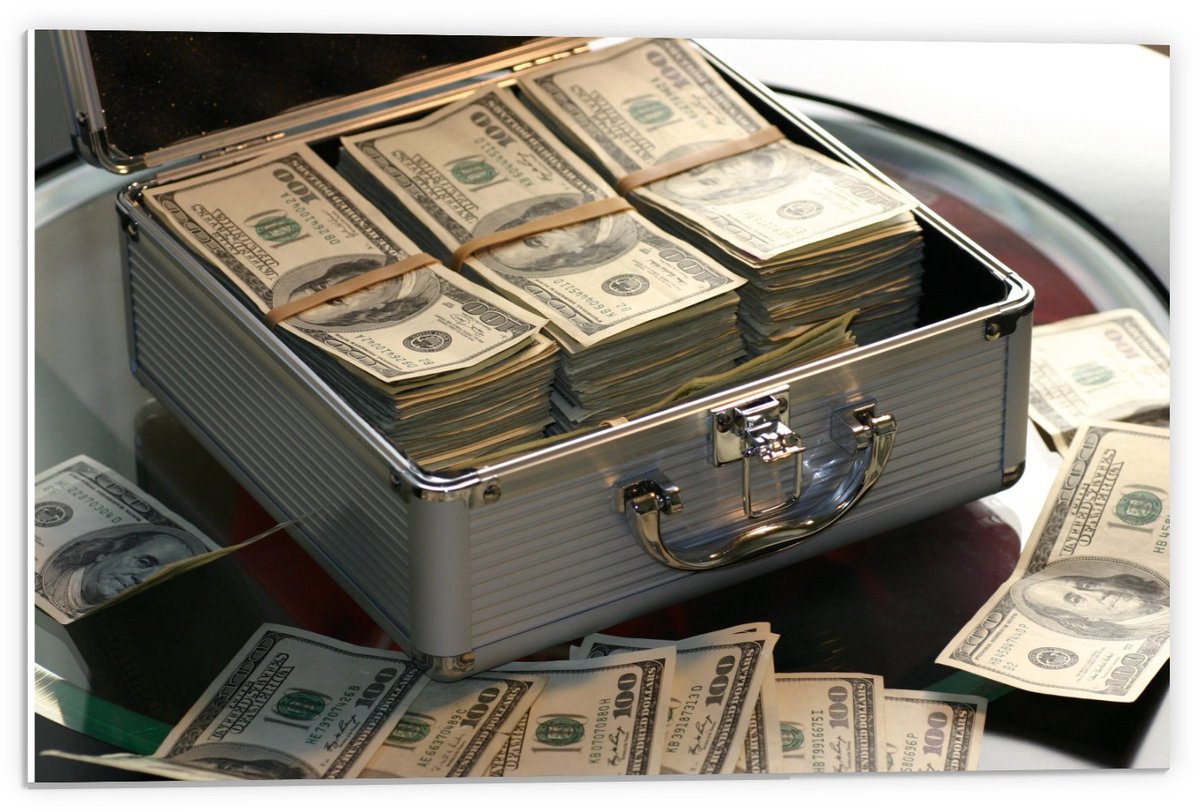 Forex - Koffer gevuld met Geld - 60x40cm Foto op Forex