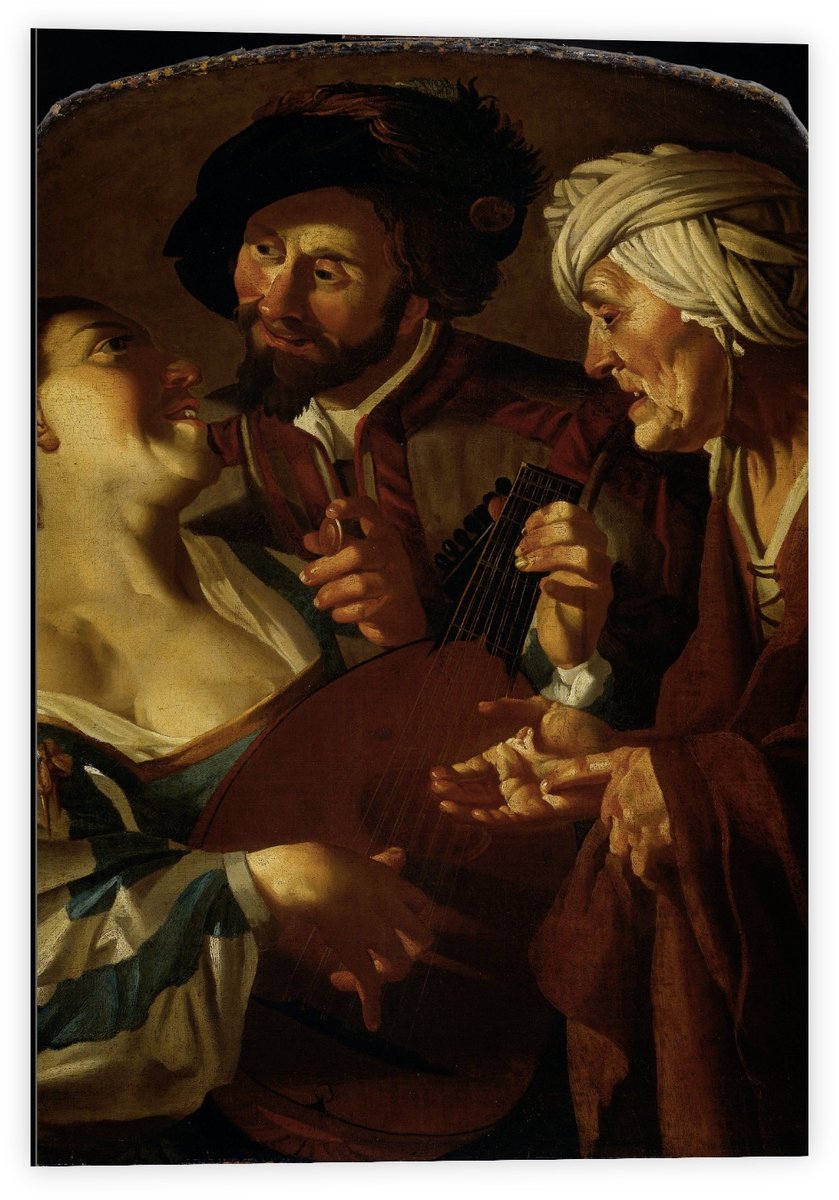 KuijsFotoprint Dibond - Oude meesters - De koppelaarster, Dirck van Baburen - 40x60cm Foto op Aluminium (Wanddecoratie van metaal) Bruin