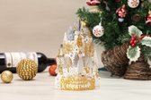 2 x 3D Pop up kerstkaart goud witte huizen op een sneeuwheuvel met 8 feestelijke sluitzegels