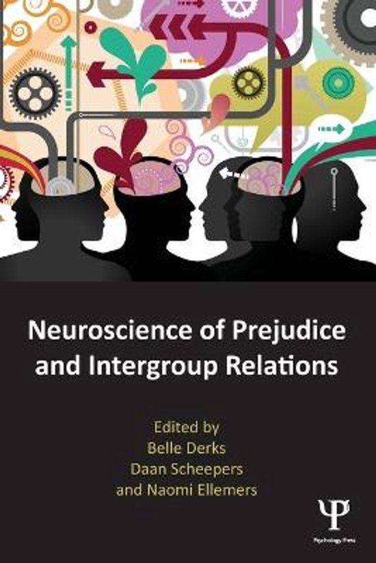 Boekomslag met illustratie van silhouetten van hoofden, die verbonden zijn met abstracte vormen en tandwielen. Titel: Neuroscience of Prejudice and Intergroup Relations.