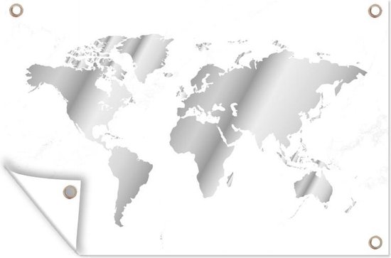 Tuindecoratie Grijs getinte wereldkaart met marmeren achtergrond - zwart wit - 60x40 cm - Tuinposter - Tuindoek - Buitenposter