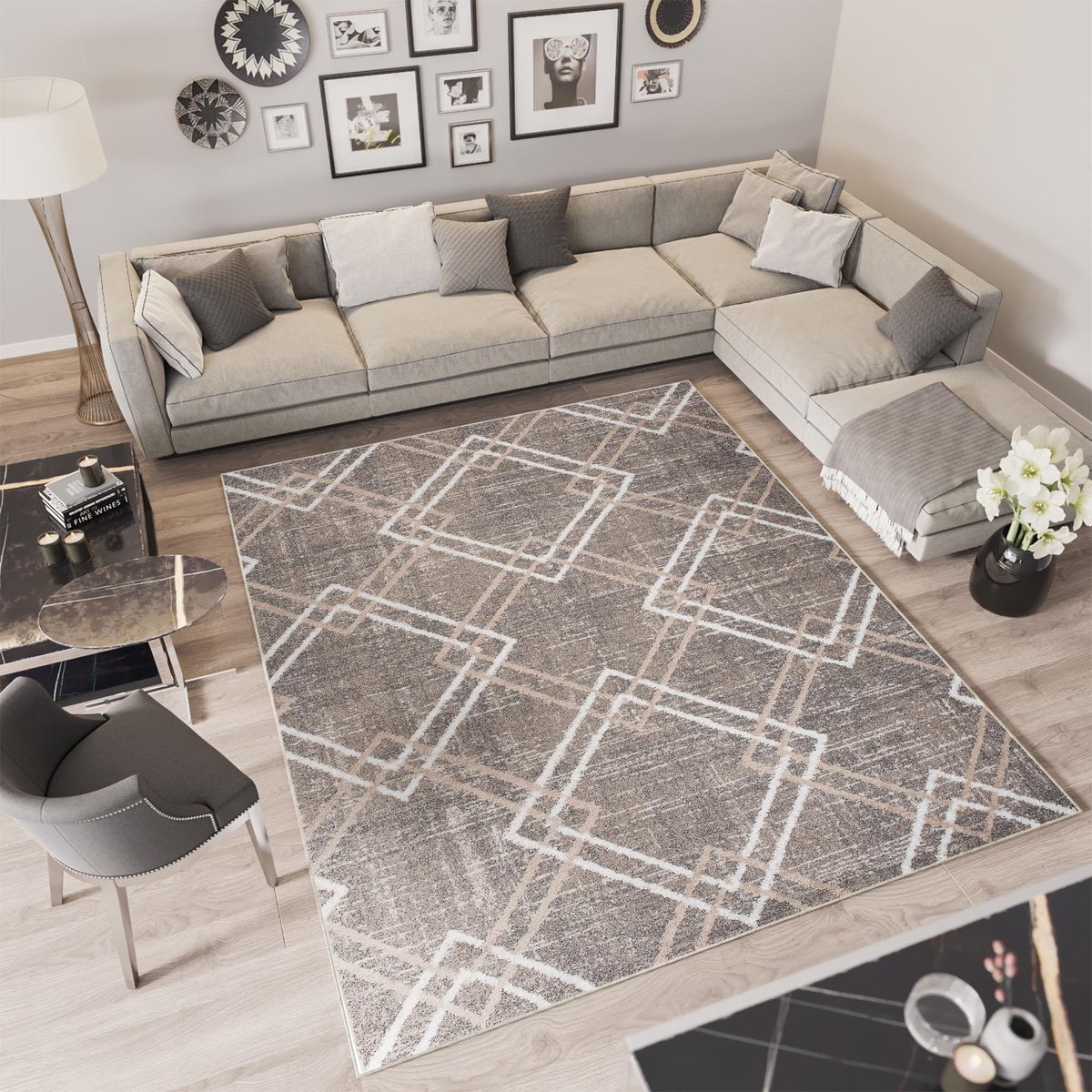Tapiso Troya Vloerkleed Woonkamer Slaapkamer Donker Creme Geometrische Vormen Stijlvol Des