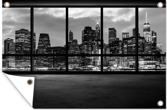 Muurdecoratie Grote ramen bieden uitzicht op de Amerikaanse stad New York - zwart wit - 180x120 cm - Tuinposter - Tuindoek - Buitenposter