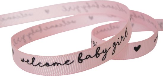 Foto: Geboorte baby lint 10mm 1cm grosgrain lint ripsband geboorte meisje welcome baby girl hartje licht roze zwart rol 10 meter