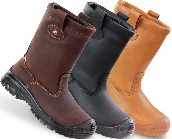 Drie Sixton werklaarzen in verschillende kleuren: bruin, zwart en naturel leer.