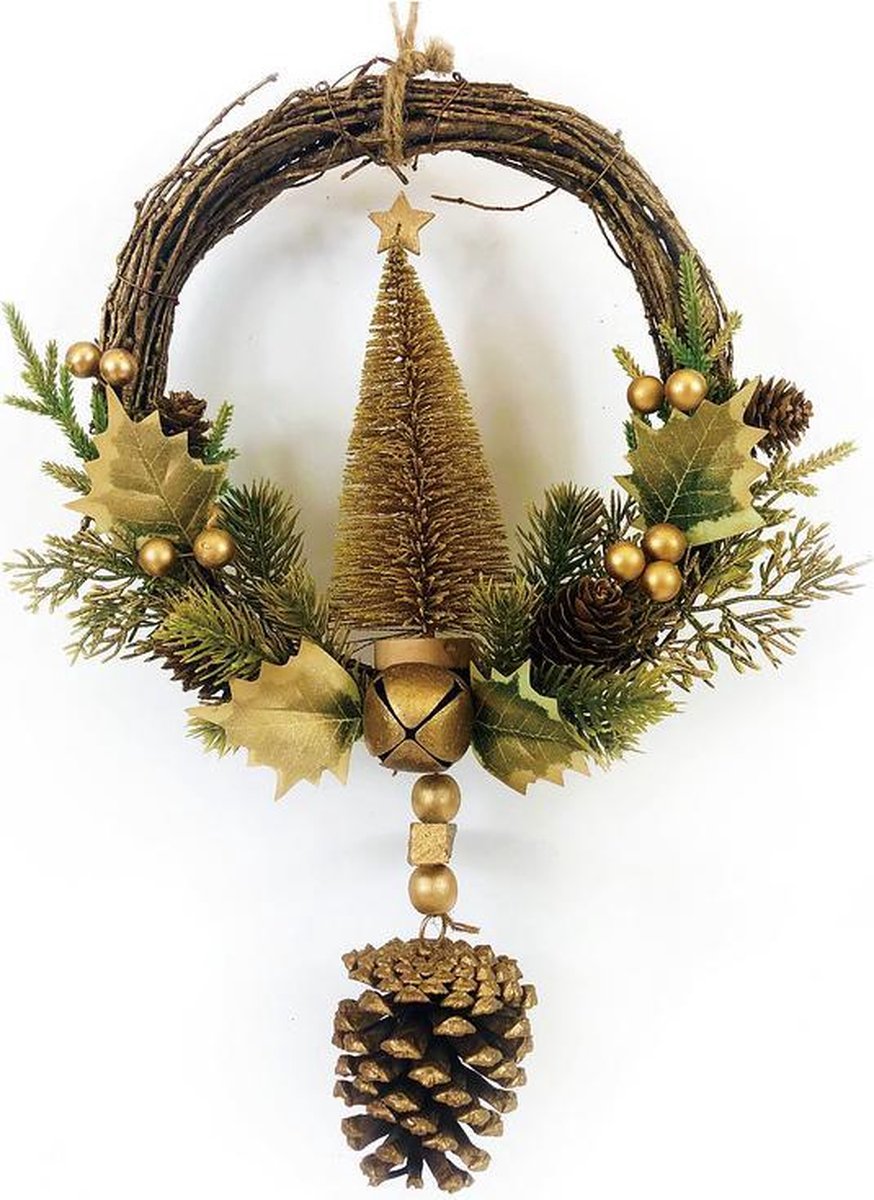 Rotan kerstkrans - Gold berry | ø 39 cm | Decoratieve kerstkans gemaakt uit rotan en dennenappels met kerstboom | Goud
