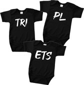 Rompertjes baby drieling met tekst-Drieling rompertjes triplets-zwart-wit-Maat 62