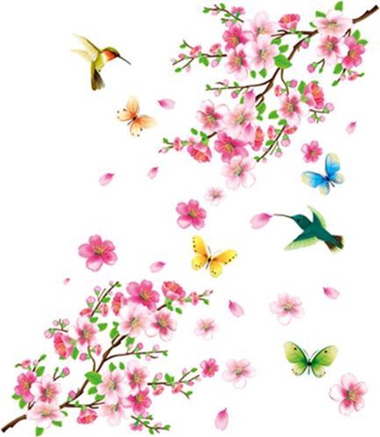 ElitDeco Verwijderbare Muursticker | Spring Blossom - 60x90CM | Muurdecoratie | Wanddecoratie | Raamsticker | Bloesems en Vogels