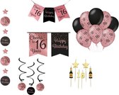 16 Versiering Rose Goud pakket - Verjaardag 16 Jaar - Ballonnen Slinger Rosé gold - happy birtday Gouden kaarsjes
