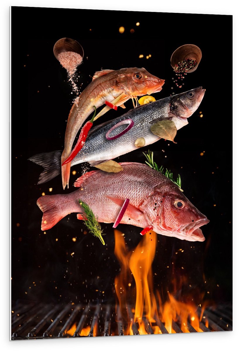 Forex - Vissen met Specerijen op de BBQ - 80x120cm Foto op Forex