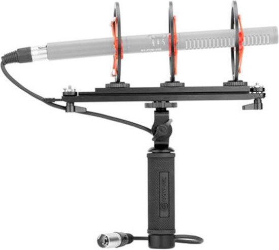 Microfoonhouder met drievoudige ringen en rode elastieken, met handgreep en XLR-kabel.