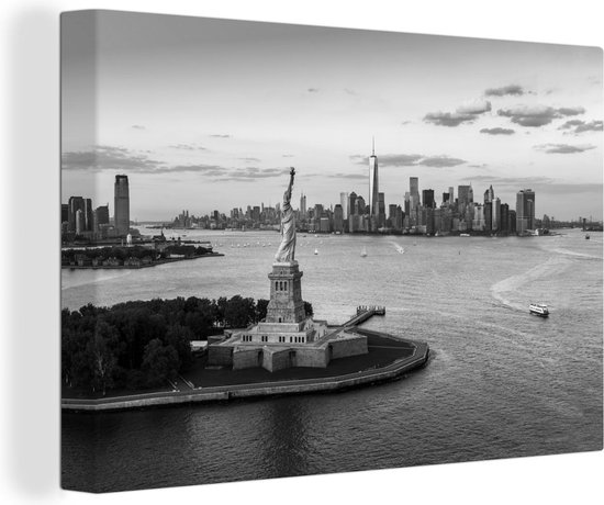 Canvas Schilderij New York - Vrijheidsbeeld - Skyline - Zwart - Wit - 30x20 cm - Wanddecoratie