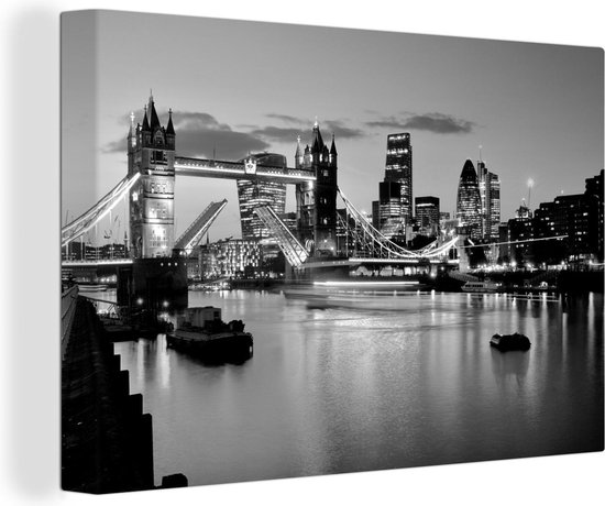 Tableau sur toile Un Tower Bridge ouvert Londres noir et blanc