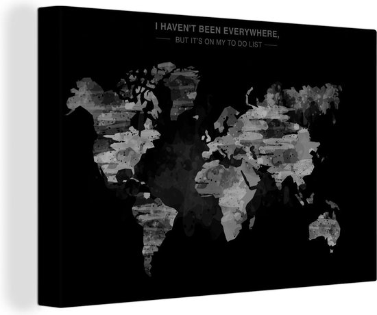 Canvas Wereldkaart - 60x40 - Wanddecoratie Schilderachtige wereldkaart met een tekst - zwart wit