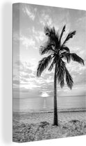 Canvas Schilderij Palmboom op het strand bij zonsondergang - zwart wit - 40x60 cm - Wanddecoratie