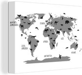 Canvas Wereldkaart - 80x60 - Wanddecoratie Wereldkaart kinderkamer dieren - zwart wit
