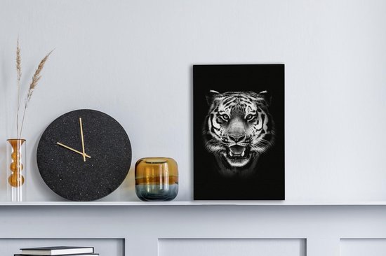 Tableau Tableau Tête de Tigre fond noir - noir et blanc - 20x30 cm - Décoration murale