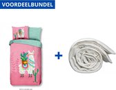 Dekbedovertrek voor Kinderen - Eenpersoons - 140x200/220cm - Inclusief 1 Kussensloop - 100% Versterkt Katoen - Lalama Roze + Wasbaar Microfiber Dekbed - 140x220cm - Wit