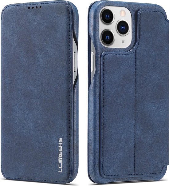 Étui portefeuille bleu en cuir, fermé et ouvert, avec le nom de marque LCMEEKE.