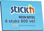 Memoblok Stick'n 76x127mm, neon blauw, voordeelverpakking 6 stuks 600 memoblaadjes