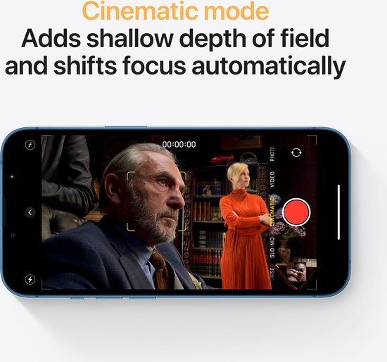 iPhone 13 mini scherm met 'Cinematic mode' tekst, toont filmopname.