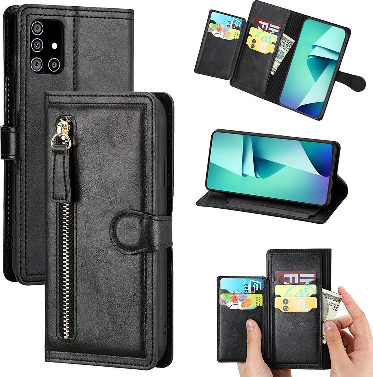 Samsung Galaxy A52 (4G & 5G) / A52s Book case met ritssluiting - Flipcover - Magnetisch - 5 kaarten houder - Zwart