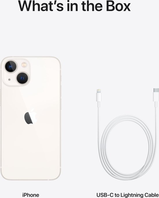De inhoud van de doos: een witte iPhone en een witte USB-C naar Lightning kabel.