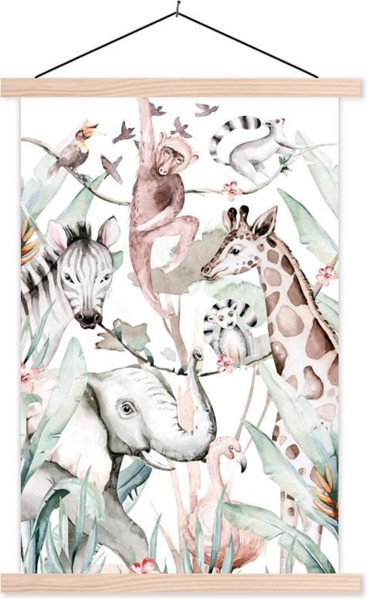Affiche scolaire - Crèche - Chambre de bébé - Aquarelle - Animaux - Jungle - Éléphant - 40x60 cm - Lattes vierges