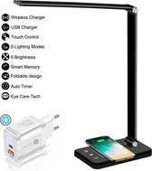 Lotiks Bureaulamp Led Met Draadloze Telefoon Oplader Inclusief Adapter - Dimbaar - Opvouwbaar - Smart Touch - Extra USB Poort - Zwart