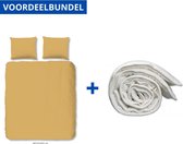 Luxe Dekbedovertrek Tweepersoons - 200x200/220cm - Inclusief 2 Kussenslopen - 100% Zacht Katoensatijn - Ocre + Wasbaar Microfiber Dekbed - 200x200cm - Wit