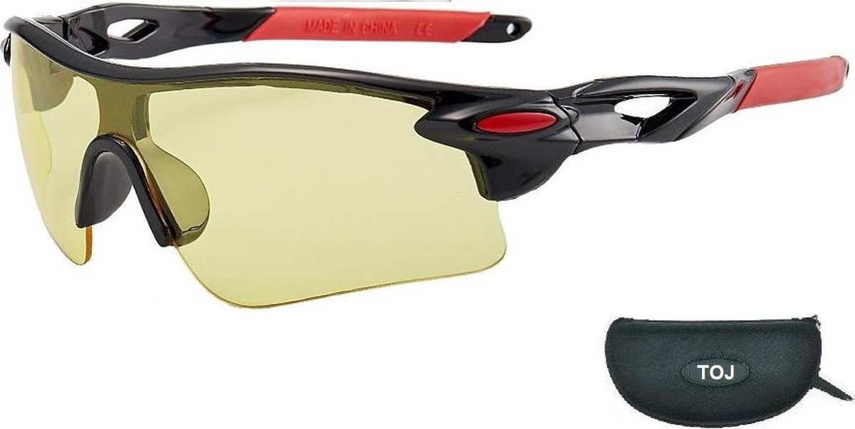 Fietsbril Met Hoes | Sportbril | Racefiets | Mountainbike | MTB | Sport Fiets Bril| Zonnebril | UV Bescherming | Zwart/Rood | Gele Lens - Merkloos