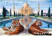 Diamond Painting Pakket - Tijgers bij Taj Mahal - 50x40 cm - Complete Set - Volledige Bedekking - Ronde Steentjes