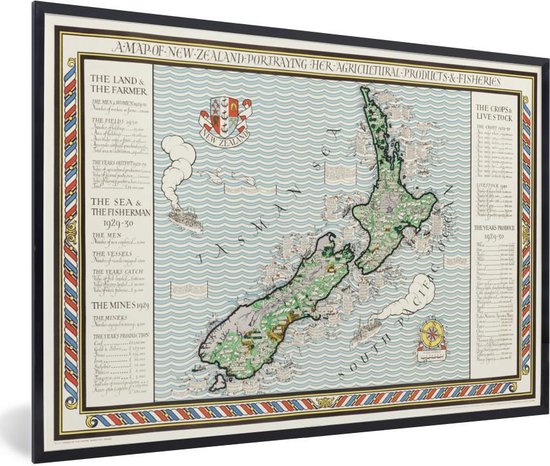 Fotolijst incl. Poster - Kaart - Nieuw-Zeeland - Vintage - 60x40 cm - Posterlijst