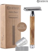 Bambooya Safety Razor + 20 scheermesjes Bamboe unisex voor mannen vrouwen - Double Edge Single Blade - Zero Waste Duurzaam Scheren - Bamboo Chrome