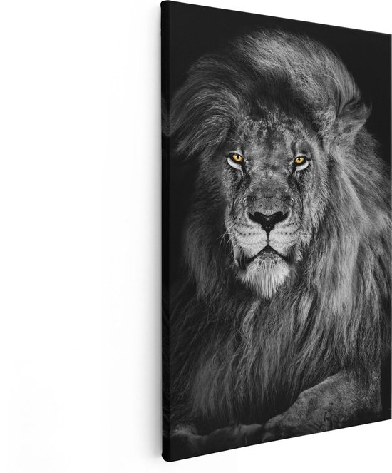 Artaza Canvas Schilderij Leeuw Met Oranje Ogen - Zwart Wit - 60x90 - Foto Op Canvas - Canvas Print