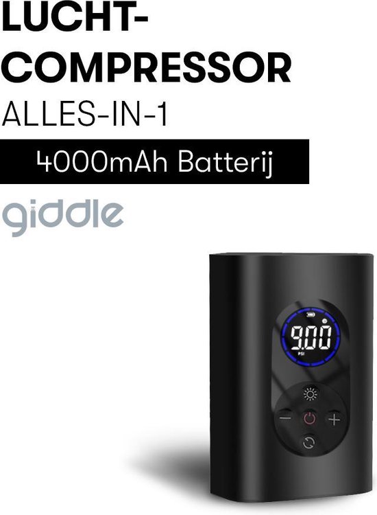 Giddle® - Draagbare Elektrische Fietspomp met 4000mAh Powerbank - Alles-in-1 Luchtcompressor - Meest Compact - Draadloos