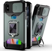 Sliding Camera Cover Design PC + TPU schokbestendig hoesje met ringhouder en kaartsleuf voor iPhone XS Max (donkergroen)