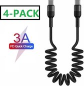 Phreeze 4x USB-C Kabels 60W – 1.5 Meter Krulkabel - Spiraal Snoer - Super Fast Charge - Universele Oplaadkabel