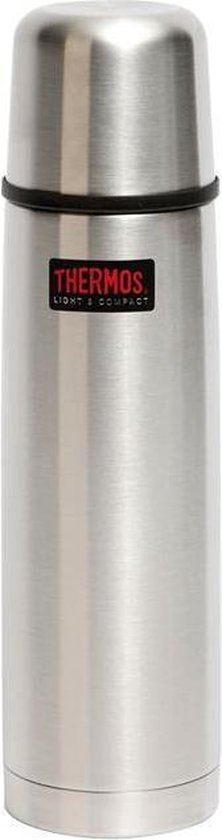 Zilverkleurige Thermos Light & Compact isoleerfles met rood Thermos-logo.